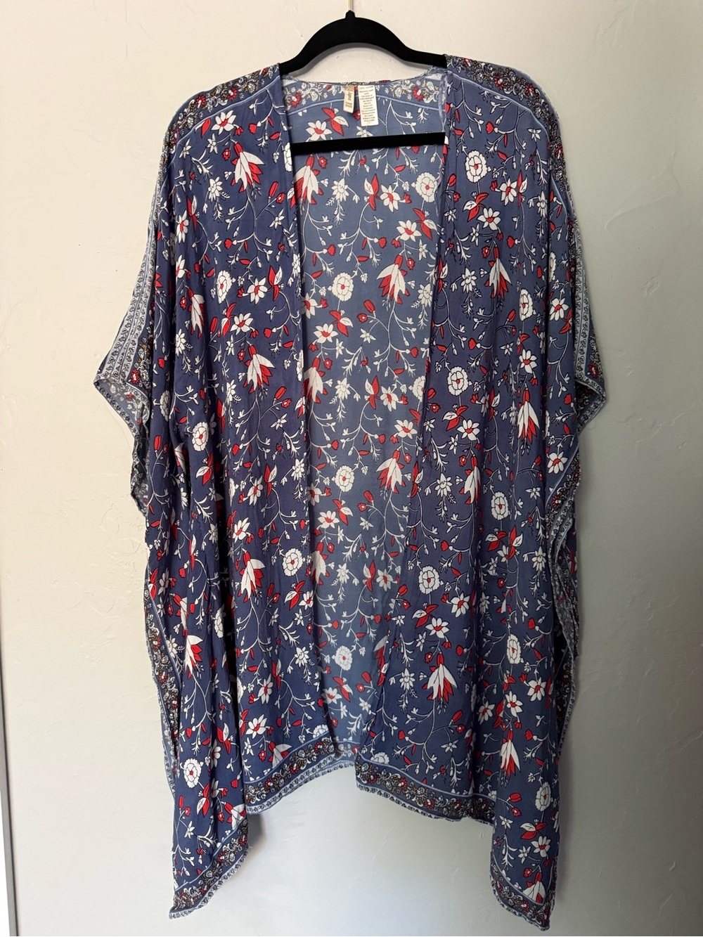 Japna Blue Floral Open-Front Kimono with Red Accents
